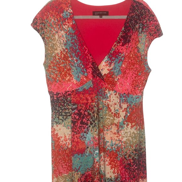 Vibrant Abstract Midi Dress Womens 16 V-Neck Faux Wrap Stretch Office Party - Picture 3 of 10